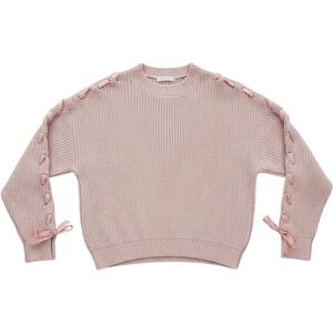 Pink Chenille Knit Sweater‎ with Satin Ribbon Lace Up Sleeve Detail Pullover